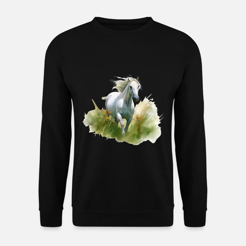 Realistisches Gemälde im Stil des weißen Pferdes auf einer Wiese - Unisex Pullover - Schwarz