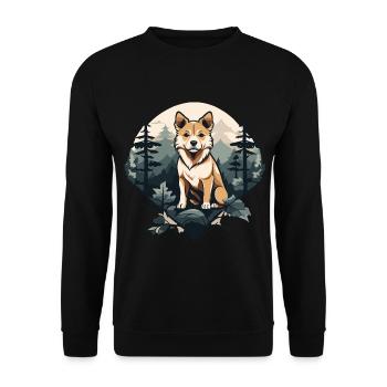 Hokkaido-Hund im Wald - Unisex Pullover - Schwarz - Vorne - Alina (178cm) & Michal (187cm)