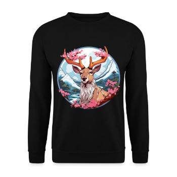 japanischer Sikahirsch im Anime Stil - Unisex Pullover - Schwarz - Vorne - Alina (178cm) & Michal (187cm)