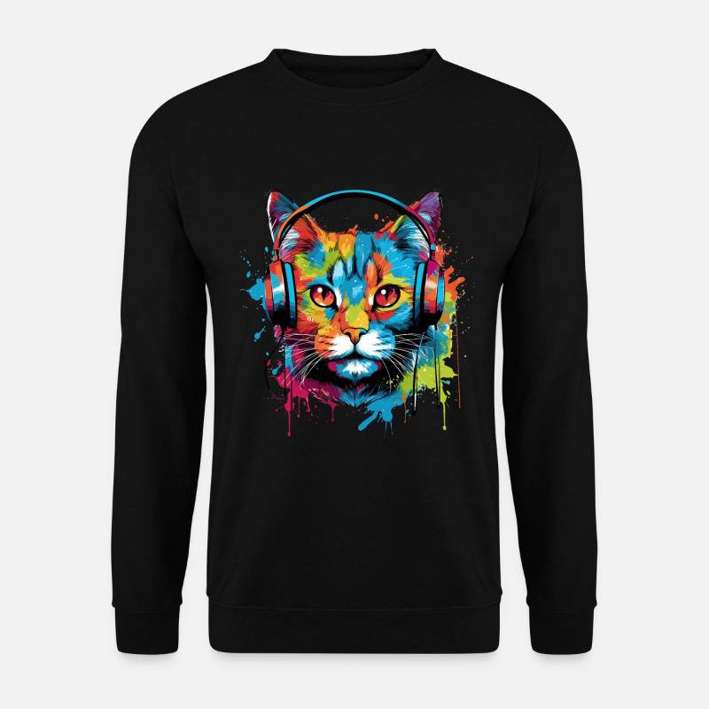Katze mit Kopfhörer Musik - Unisex Pullover - Schwarz