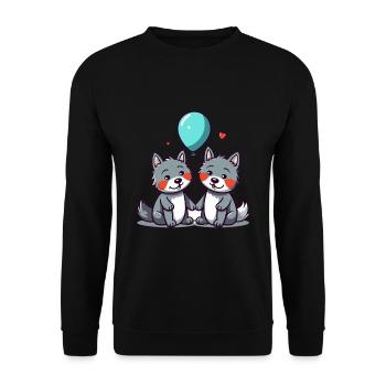 Wölfe Kawaii Cartoon Haustier spielt mit Luftballons - Unisex Pullover - Schwarz - Vorne - Alina (178cm) & Michal (187cm)