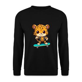 Lustiger Leopard Kawaii Cartoon spielt Skateboard - Unisex Pullover - Schwarz - Vorne - Alina (178cm) & Michal (187cm)