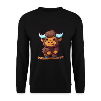 Lustige Bison Kawaii Cartoon Haustier spielt Skateboard - Unisex Pullover - Schwarz - Vorne - Alina (178cm) & Michal (187cm)