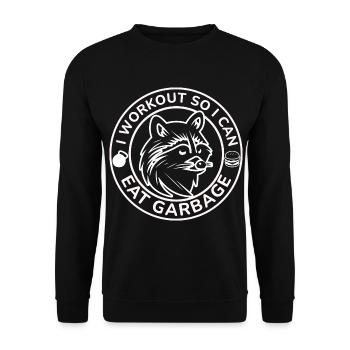 Ich trainiere, damit ich Müll essen kann, lustiger Waschbär - Unisex Pullover - Schwarz - Vorne - Alina (178cm) & Michal (187cm)