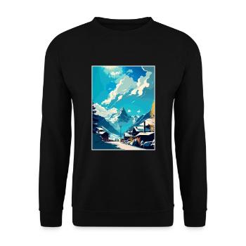 Davos Schweiz Vintage Reiseposter Souvenir - Unisex Pullover - Schwarz - Vorne - Alina (178cm) & Michal (187cm)