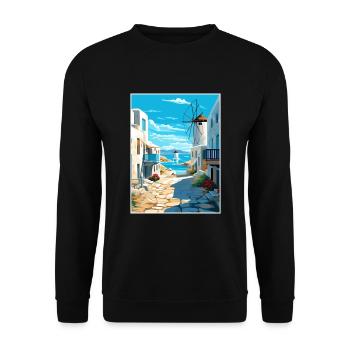 Mykonos Griechenland Dekoration Vintage Reiseposter - Unisex Pullover - Schwarz - Vorne - Alina (178cm) & Michal (187cm)