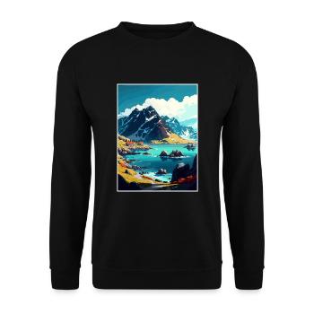 Lofoten Norwegisches Vintage-Reiseposter - Unisex Pullover - Schwarz - Vorne - Alina (178cm) & Michal (187cm)