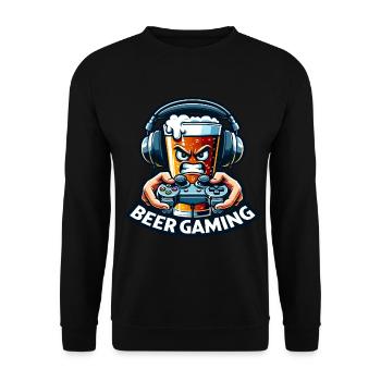 Ein Bier im Cartoon-Stil, das Videospiele abspielt - Unisex Pullover - Schwarz - Vorne - Alina (178cm) & Michal (187cm)