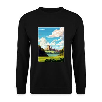 Cardiff Castle Wales Vintage Reiseposter WPA Kunst - Unisex Pullover - Schwarz - Vorne - Alina (178cm) & Michal (187cm)