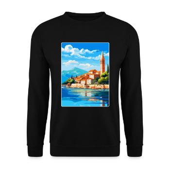 Budva Montenegro Vintage Poster Souvenir de Voyage - Sweat-shirt Unisexe - noir - Devant - Alina (178cm) & Michal (187cm)