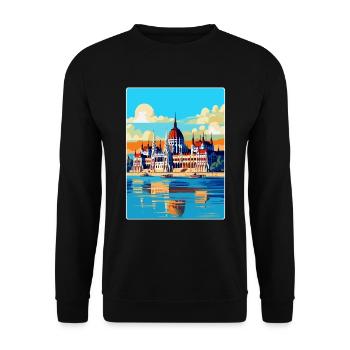 Budapest Ungarn Vintage Reiseplakat Souvenir - Unisex Pullover - Schwarz - Vorne - Alina (178cm) & Michal (187cm)
