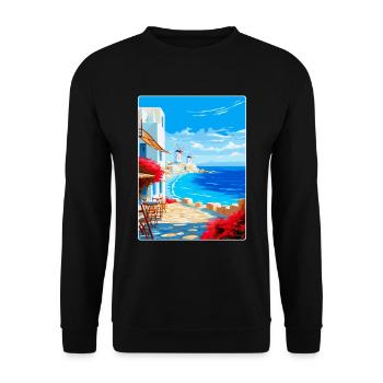 Mykonos Griechenland Vintage Reiseplakat Souvenir WPA - Unisex Pullover - Schwarz - Vorne - Alina (178cm) & Michal (187cm)