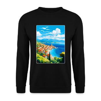 Budva Montenegro Vintage Poster Souvenir de Voyage - Sweat-shirt Unisexe - noir - Devant - Alina (178cm) & Michal (187cm)