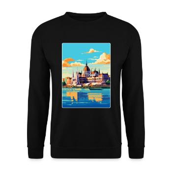 Budapest Ungarn Vintage Reiseplakat Souvenir - Unisex Pullover - Schwarz - Vorne - Alina (178cm) & Michal (187cm)