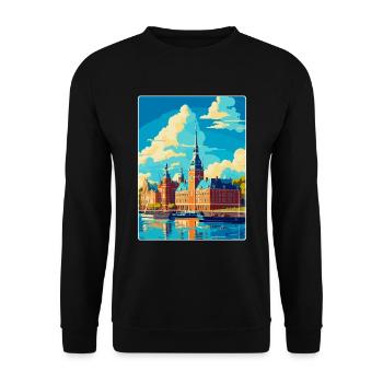 Helsingborg Schweden Vintage Reiseplakat Souvenir - Unisex Pullover - Schwarz - Vorne - Alina (178cm) & Michal (187cm)