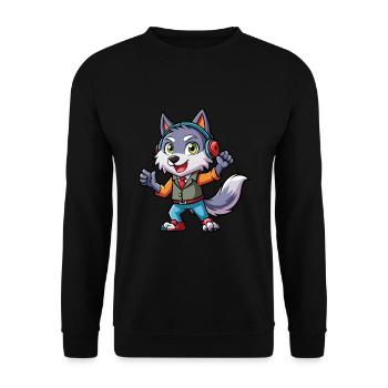 Wolf Funny Cartoon Character Headphone Music - Unisex Sweatshirt - black - Front - Alina (178cm) & Michal (187cm)