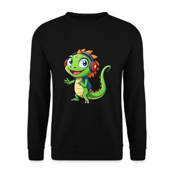 Eidechse Lustige Zeichentrickfigur Kopfhörer Musik - Unisex Pullover - Schwarz - Vorne - Alina (178cm) & Michal (187cm)