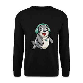 Siegel Lustige Zeichentrickfigur Kopfhörer Musik - Unisex Pullover - Schwarz - Vorne - Alina (178cm) & Michal (187cm)