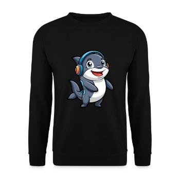 Orca Lustige Zeichentrickfigur Kopfhörer Musik - Unisex Pullover - Schwarz - Vorne - Alina (178cm) & Michal (187cm)