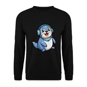 Siegel Lustige Zeichentrickfigur Kopfhörer Musik - Unisex Pullover - Schwarz - Vorne - Alina (178cm) & Michal (187cm)