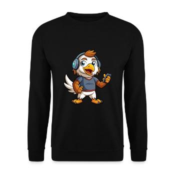 Adler Lustige Zeichentrickfigur Kopfhörer Musik - Unisex Pullover - Schwarz - Vorne - Alina (178cm) & Michal (187cm)