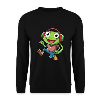 Frosch Lustige Cartoon Figur Kopfhörer Musik - Unisex Pullover - Schwarz - Vorne - Alina (178cm) & Michal (187cm)