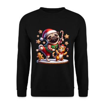 Mops Tanzt mit Katze & Lebkuchenmann Xmas - Unisex Pullover - Schwarz - Vorne - Alina (178cm) & Michal (187cm)
