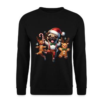 Lustiger Mops tanzt mit Rentieren - Unisex Pullover - Schwarz - Vorne - Alina (178cm) & Michal (187cm)