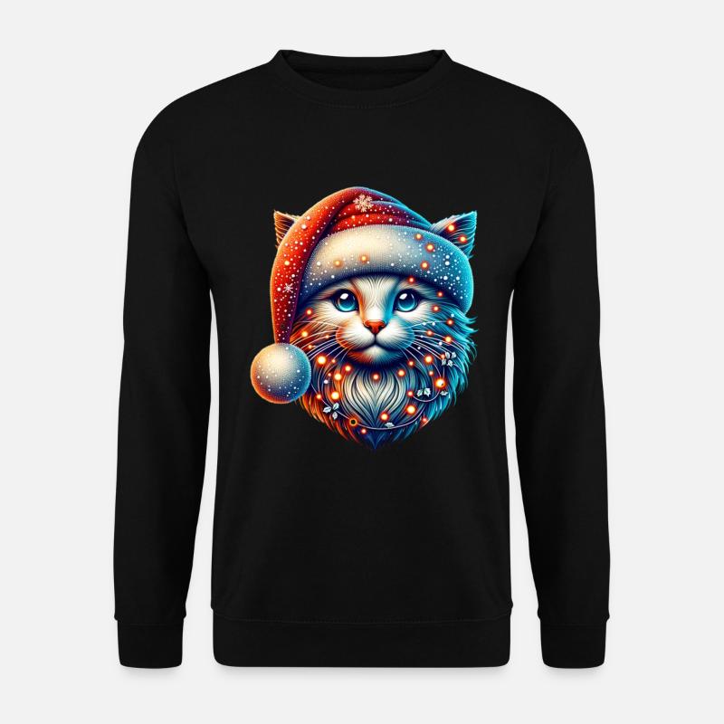 Katze Weihnachtsmütze Lichterkette Schneeflocke - Unisex Pullover - Schwarz