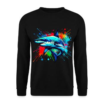 Hai in bunter Aquarellmalerei - Unisex Pullover - Schwarz - Vorne - Alina (178cm) & Michal (187cm)