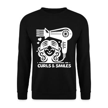 Friseurin Curls & Smiles Lustige Sprüche - Unisex Pullover - Schwarz - Vorne - Alina (178cm) & Michal (187cm)
