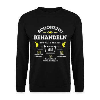 HANDLE MIT SORGFALT – 88 JAHRE PERFEKTION - Unisex Pullover - Schwarz - Vorne - Alina (178cm) & Michal (187cm)