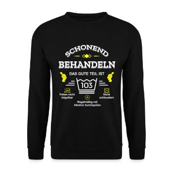 HANDLE MIT SORGFALT – 103 JAHRE PERFEKTION - Unisex Pullover - Schwarz - Vorne - Alina (178cm) & Michal (187cm)