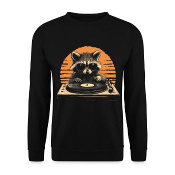 Waschbär mit Sonnenbrille am Turntable DJ Musik - Unisex Pullover - Schwarz - Vorne - Alina (178cm) & Michal (187cm)