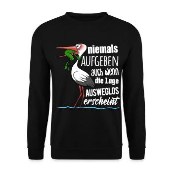 Frosch und Storch - Niemals Aufgeben - Spruch - Unisex Pullover - Schwarz - Vorne - Alina (178cm) & Michal (187cm)