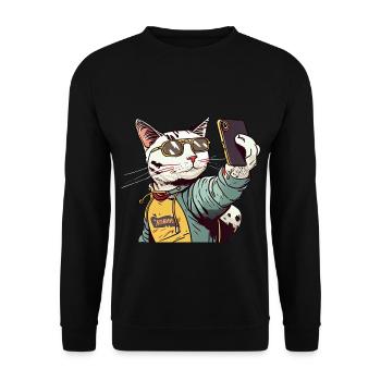 Comic Katze Selfie - Unisex Pullover - Schwarz - Vorne - Alina (178cm) & Michal (187cm)