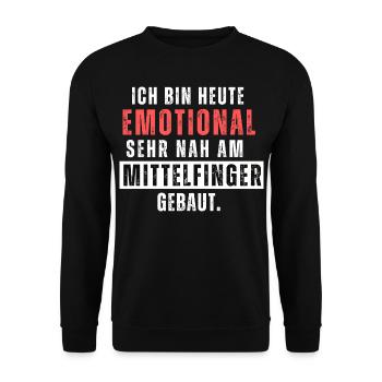 Emotional am Mittelfinger gebaut. Lustiger Spruch - Unisex Pullover - Schwarz - Vorne - Alina (178cm) & Michal (187cm)