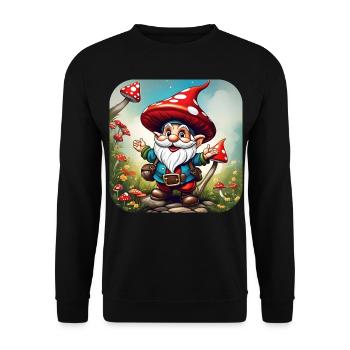 Niedlicher Fliegenpilz Kobold - Unisex Pullover - Schwarz - Vorne - Alina (178cm) & Michal (187cm)