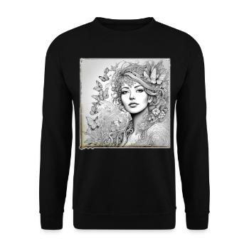 Romantisches Mädchen mit Blumen und Schmetterlinge - Unisex Pullover - Schwarz - Vorne - Alina (178cm) & Michal (187cm)