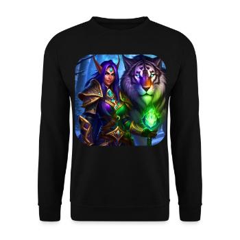 Stolze Fantasy Elfen Kriegerin und Tiger - Unisex Pullover - Schwarz - Vorne - Alina (178cm) & Michal (187cm)
