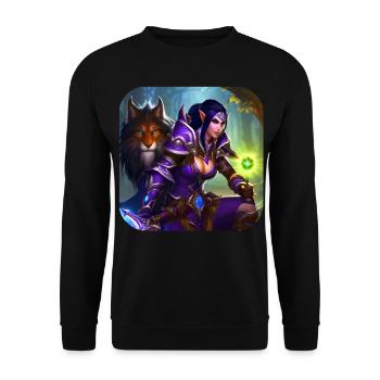 Stolze Fantasy Elfen Kriegerin mit Löwe - Unisex Pullover - Schwarz - Vorne - Alina (178cm) & Michal (187cm)