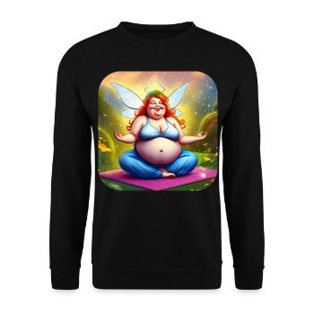 Dicke niedliche Yoga Fee in Buddha Position - Unisex Pullover - Schwarz - Vorne - Alina (178cm) & Michal (187cm)