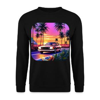 Cooles Auto mit Palmen im Sonnenuntergang - Unisex Pullover - Schwarz - Vorne - Alina (178cm) & Michal (187cm)