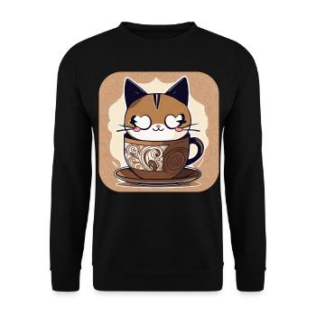 Niedliche Kaffee Katze - Unisex Pullover - Schwarz - Vorne - Alina (178cm) & Michal (187cm)