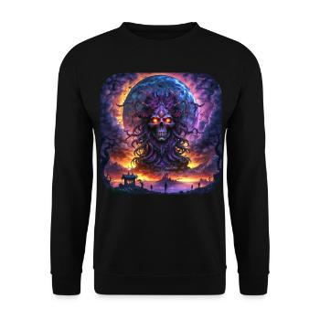 Grinsender Totenkopf im Universum - Unisex Pullover - Schwarz - Vorne - Alina (178cm) & Michal (187cm)
