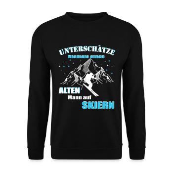 Skifahrer, Alter Mann auf Skiern - Unisex Pullover - Schwarz - Vorne - Alina (178cm) & Michal (187cm)