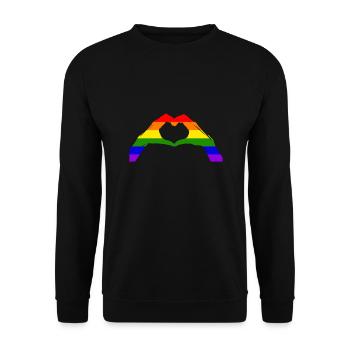 Love Regenbogen Herz aus Händen Pride Zweisamkeit - Unisex Pullover - Schwarz - Vorne - Alina (178cm) & Michal (187cm)