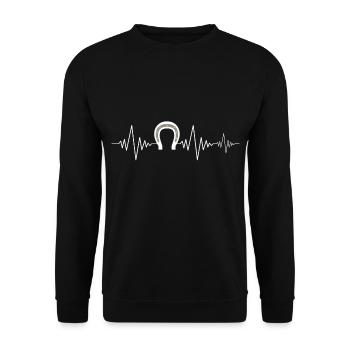 Hufschmied Herzschlag mit Hufe & Hufeisen Amboss - Unisex Pullover - Schwarz - Vorne - Alina (178cm) & Michal (187cm)