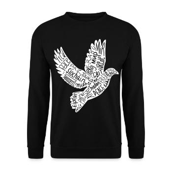 Friedenstaube mit dem Wort Frieden in EU Sprachen - Unisex Pullover - Schwarz - Vorne - Alina (178cm) & Michal (187cm)