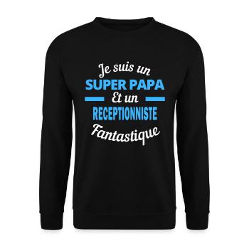SUPER PAPA Fantastique RECEPTIONNISTE - Sweat-shirt Unisexe - noir - Devant - Alina (178cm) & Michal (187cm)